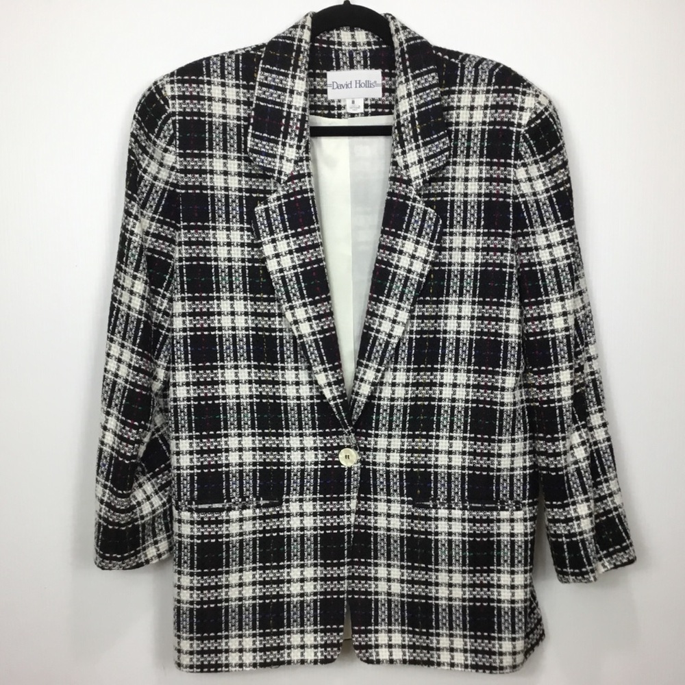 David Hollis Black Plaid Tweed Wool Jacket Blazer